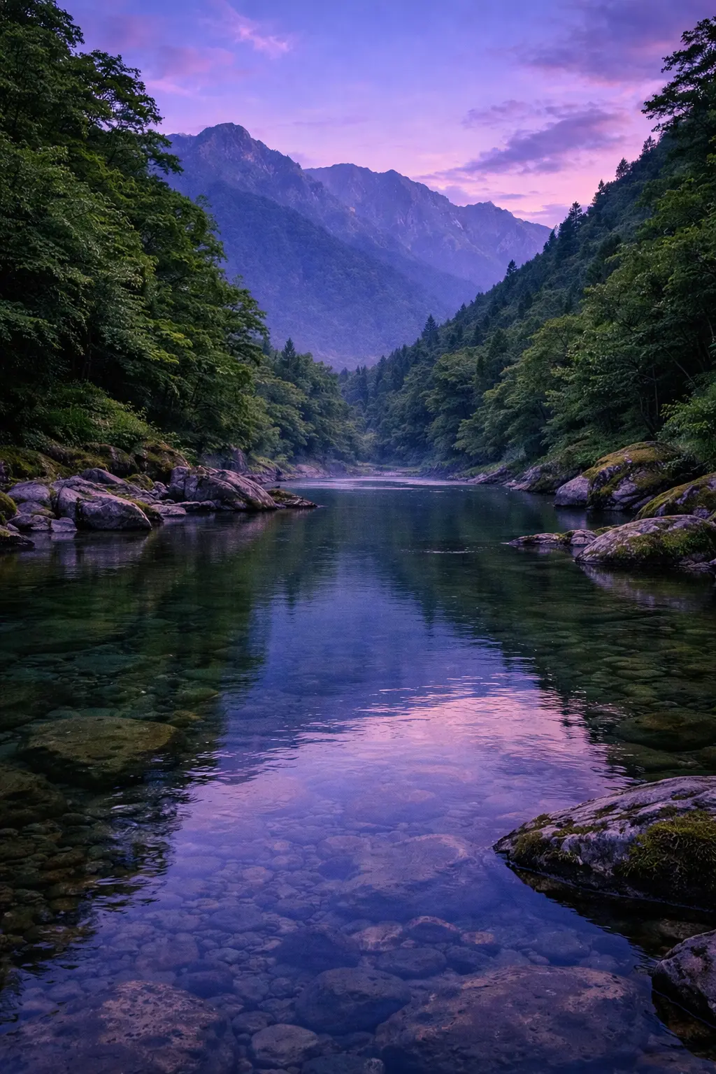 青みがかった山と川の風景